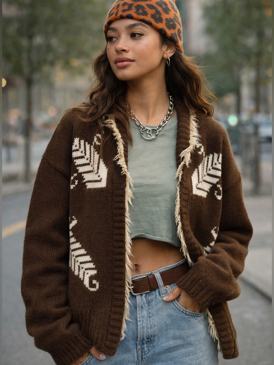 Willow & Clay Sweaters - Willow & Clay Brown Open Front Sweater Cardigan w/ Faux Fur Trim in Small